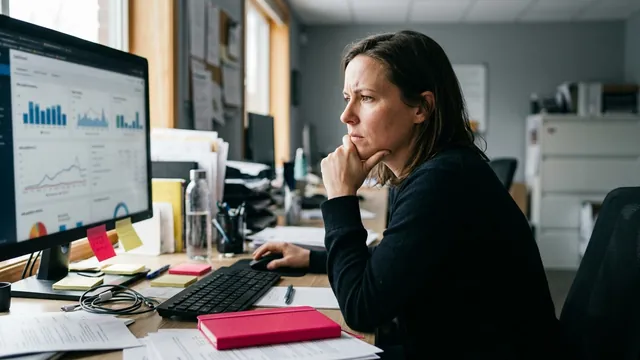 A business owner at her desk studying a campaign performance dashboard.