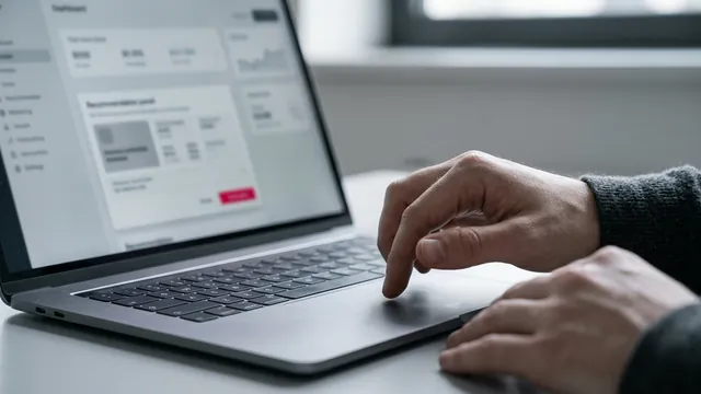 A hand resting above a laptop trackpad, paused over a recommendation in an ads dashboard.