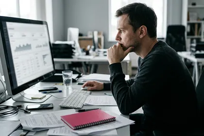 A marketer at a desk reviewing campaign reports across two monitors.