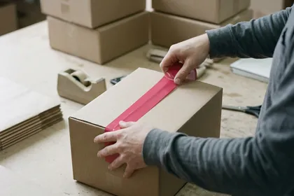 Hands taping up a cardboard box ready for dispatch.