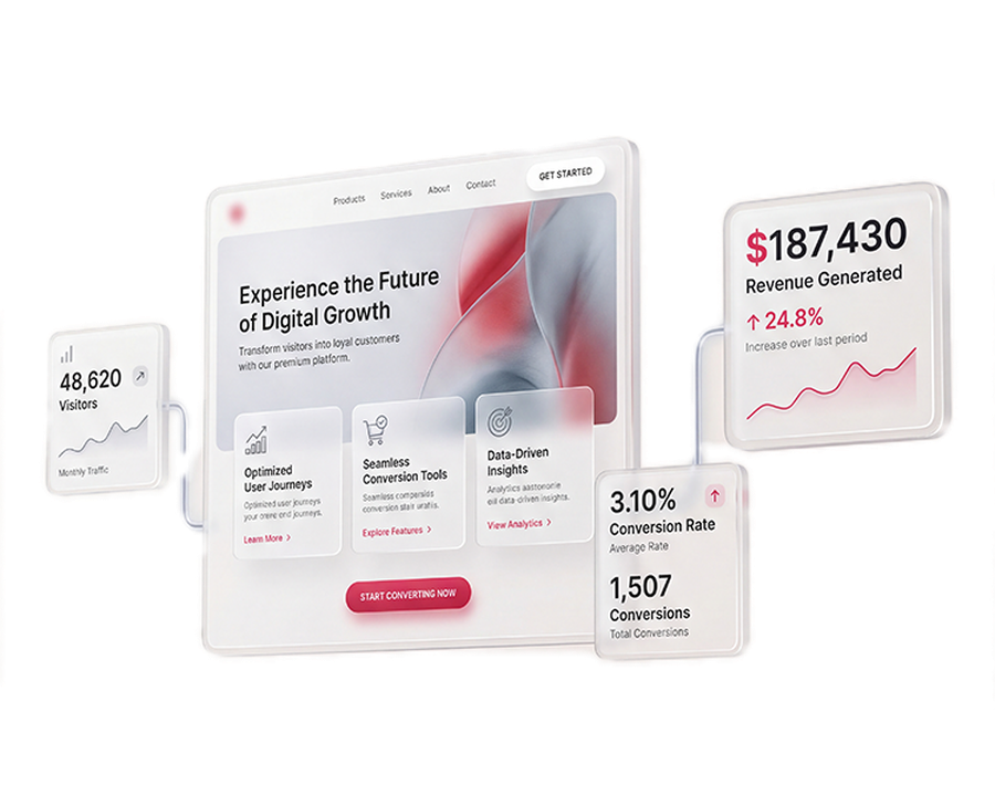 A landing page shown with its results floating around it: 48,620 visitors, $187,430 revenue generated, up 24.8%, a 3.10% conversion rate and 1,507 conversions.