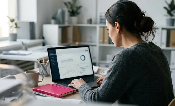 A business owner at her desk reviewing a campaign dashboard on a laptop.